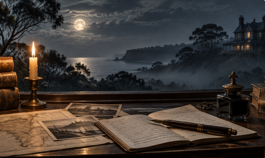 Manuscripts, old books and a candle overlooking a moonlit coast